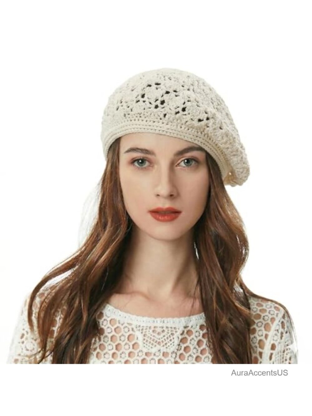 Women Cotton Slouchy Crochet Beret Handmade Cutout Floral Beanie Hat
